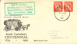 New Zealand Cover Scott #289 Pair 1p Elizabeth II Official Stage-coach Mail Washdyke-Timaru 16th January 1959 - Cartas & Documentos