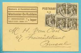 337 (X5) Op Kaart Met Stempel YPRES Met Hoofding "Bestuurs-&handelsdrukkerij / Wackenier-De Ruddere" (VK) - 1932 Ceres And Mercurius