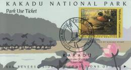 Australia Used 1990 $8 Chestnut Teal Wetlands Conservation Stamp On Kakadu National Park Ticket - Cinderella