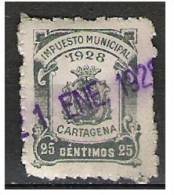 1903-FISCAL  25CTS LOCAL CARTAGENA MURCIA IMPUESTO 1919_1020.VALOR.DESCONOCI DO,NO CATALOGADO,EL DENTADO ES ASI.SPAIN - Revenue Stamps