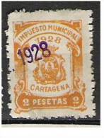 1906-FISCAL 2 PESETAS  LOCAL CARTAGENA MURCIA IMPUESTO 1919_1020.VALOR.DESCONOCI DO,NO CATALOGADO, DENTADO ES ASI.SPAIN - Revenue Stamps