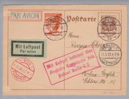 Österreich Luftpost 1927-03-21 Wien1 Luftpost Ganzsache 10+10Gr.Zusatz Nach Berlin - Autres & Non Classés