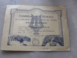 Diplome  Federation Des Societés Musicales De La Seine Et Seine Et Oise  1958 - Diploma & School Reports