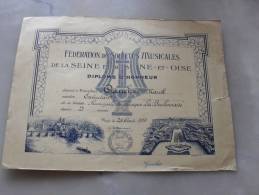 Diplome  Federation Des Societés Musicales De La Seine Et Seine Et Oise  1958 - Diploma's En Schoolrapporten