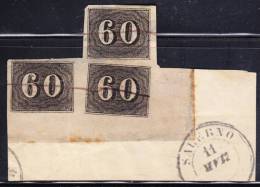 O) 1850 BRAZIL, SC 24 BLOCK OF 3, BORDER SHEET WITH FRAGMENT. XF 180 USD - Unused Stamps