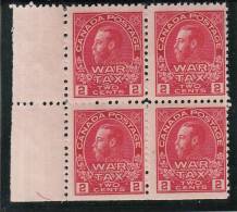 Canada MNH Scott #MR2a Lower Left Corner Block Of 4 2c George V, Carmine Rose War Tax - Tassa Di Guerra