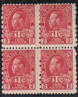 Canada MH Scott #MR5 Block Of 4 2c George V, Carmine Die I War Tax - Pulled Perfs At Right - Impôts De Guerre