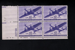 200971775 1941 (XX) POSTFRIS MINT NEVER HINGED SCOTT C27 PLATE 22756  BLOCK OF 4 TWIN MOTORED TRANSPORT PLANE - 2b. 1941-1960 Neufs