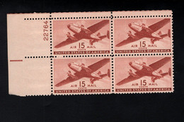 200971958 1941 (XX)POSTFRIS MINT NEVER HINGED SCOTT C28 PLATE 22764 BLOCK OF 4 TWIN MOTORED TRANSPORT PLANE - 2b. 1941-1960 Ungebraucht