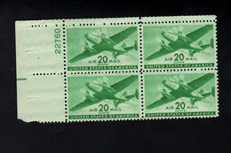 200972111 1941 (XX) POSTFRIS MINT NEVER HINGED  SCOTT C29 PLATE 22760 BLOCK OF 4 TWIN MOTORED TRANSPORT PLANE - 2b. 1941-1960 Ungebraucht