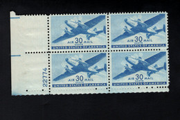 200972275 1941 (XX) POSTFRIS MINT NEVER HINGED  SCOTT C30 PLATE 22774 BLOCK OF 4 TWIN MOTORED TRANSPORT PLANE - 2b. 1941-1960 Nuovi