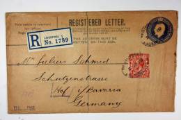 UK: 1919 Upgraded Registered Letter Liverpool To Hof In Bavaria Germany - Stamped Stationery, Airletters & Aerogrammes