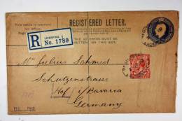 UK: 1919 Upgraded Registered Letter Liverpool To Hof In Bavaria Germany - Material Postal