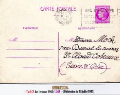 CERES DE MAZELIN - Entier Postal 1,50F Lilas  (Tarif Du 1er Mars 1945) - 1945-47 Cérès Van Mazelin