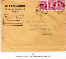 CERES DE MAZELIN - Affranchis. Avec 3x 1,50F Lilas D'une LSI(tarif Du 1/03/1947) - 1945-47 Ceres De Mazelin