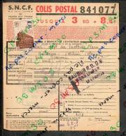 Colis Postaux Expédition 8.6fr 3kg Timbre 2.70fr Barré 3.0fr N° 841077 Cachet Gare SNCF PARIS-RENNES Dépot N°1 Et SAUMUR - Covers & Documents