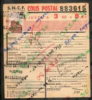 Colis Postaux Expédition 8.6fr 3kg N° 883615 Cachet Gare SNCF OUEST PARIS-BATIGNOLLES MESSAGERIES Et SAUMUR RD GV - Covers & Documents