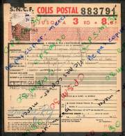 Colis Postaux Bulletin D´expédition 8.6fr 3kg N° 883791 Cachet Gare SNCF OUEST PARIS-BATIGNOLLES MESSAGERIES - Covers & Documents