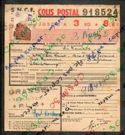 Colis Postaux Bulletin D´expédition 8.6fr 3kg Timbre 2.70fr Barré 3.0fr N° 918524 (cachet Gare SNCF GRASSE PLM) - Cartas & Documentos