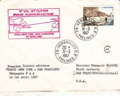 LETTRE PREMIER VOL PARIS -NEWYORK-SANFRANCISCO PAN AMERICAN -31-3-1967 - Premiers Vols