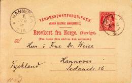 Norway Pre-printed Postal Card 10o Posthorn, Carmine Postmarked 1895 - Interi Postali