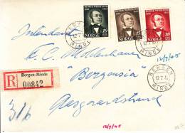 Norway FDC Scott #269-271 Facit #341-343 Set Of 3 Henrik Wergeland Registered Bergen-Minde R00842 To Canada - FDC