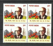 INDIA, 2008, Dr B P Pal, Birth Centenary, (Agricultural Scientist), Science, Rose, Wheat,Block Of 4,   MNH, (**) - Neufs