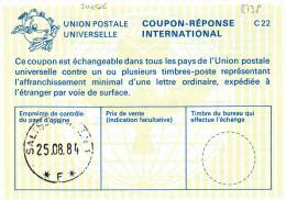 8738# SUEDE COUPON REPONSE INTERNATIONAL Obl SALTSJÖBADEN 1984 SVERIGE UNION POSTALE INTERNATIONALE - Cartas & Documentos