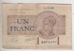 BILLET FRANCE - CHAMBRE DE COMMERCE PARIS - 1 FRANC - 01 JUILLET 1922 - MARIANNE - Camera Di Commercio