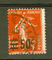 VARIÉTÉS FR 1926 / 1927 .N°225 SEMEUSE 1f 05 SURCHARGE BARRE 50 C  OBLITÉRÉ SPINK / ARTHUR MAURY 40.00 € - Gebruikt