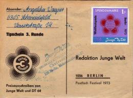 Weltfestspiele Spendenwert Berlin 1973 DDR Offizielle Spenden-Marke Michel #2 O 30€ Auf JW-Postkarte Zur 3.Runde Violett - Storia Postale