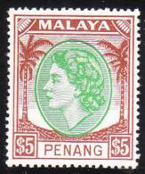 Malaya Penang 1954-55 QEII High Value $5 Queen Elizabeth MNH - Penang