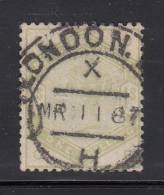 Great Britain Used Scott #107 1sh Victoria, Green Position OE Cancel: London MR 11 87 - Short Perfs - Usati