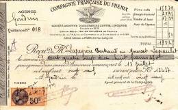 Compagnie Française Du Phénix, Assurances Contre L´incendie, Reçu, 1929 - Timbre Quittance 50 C - Banca & Assicurazione