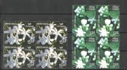 INDIA, 2008,Jasmine Flowers, Scented Stamps,, Set 2 V,  Block Of 4,  Flower, Flowers, Plants, Orchids,  MNH, (**) - Neufs