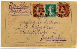 ENTIER POSTAL - CL 10c. SEMEUSE CAMÉE ROUGE + COMPLEMENT AFF. N° 137 & 138 POUR L'ARGENTINE DE NICE 21/6/1916 - TB - Letter Cards