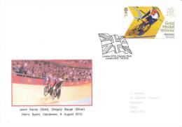 UK Olympic Games London 2012;  Track Cycling Man's Sprint Champion Jason Kenny Gold Medal Stamp And Cachet; Flag Cancell - Summer 2012: London