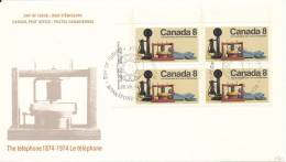 Canada FDC 26-7-1974 In A Block Of 4 The Telephone With Cachet - 1971-1980