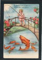 ENFANTS - Jolie Carte Fantaisie Fillette Pêchant Sur Un Pont Et Poissons  Signée Hannes PETERSEN - Petersen, Hannes