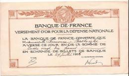 Guerre 14-18/ Versement D´Or/Défense Nationale/Banque De France/90 Frs/ 1916    VP538 - Unclassified