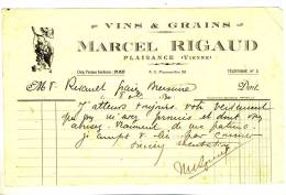 PLAISANCE - Vienne - Marcel RIGAUD  -  Vins,  Grains , - Agriculture