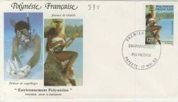 FDC  POLYNÉSIE  1989 TAHITI  # ENVIRONNEMENT POLYNESIEN # PECHEUR DE COQUILLAGES # JOUEUSE MUSIQUE UKULELE # - FDC