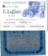 CARTE PUBLICITAIRE  +  ENVELOPPE BLEUE -CYCLES -AUTOMOBILES. E. LAFFAIRE. - Transport