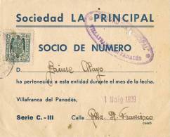 0652. Resguardo Sociedad Principal VILLAFRANCA (Barcelona) 1939 - Fiscaux