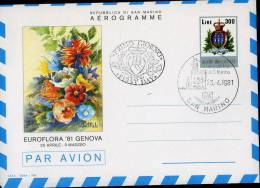 AEROGRAMMA SAN MARINO EUROFLORA 1981 L 300 FDC - Entiers Postaux