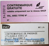 2 TICKET SNCF SOCIETE NATIONALE CHEMINS DE FER CONTREMARQUE GRATUITE TRAIN WAGON GARE - Europe