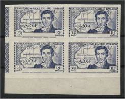 IVORY COAST, RARE VARIETY RENÉ CAILLIÉ 1939, IMPERFORATED, NO COUNTRY NAME, MNH BLOCK OF 4 - Unused Stamps