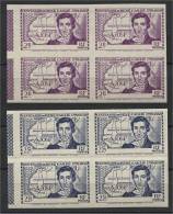 IVORY COAST, RARE VARIETIES CAILLIÉ 1939, 2F + 2F25 IMPERFORATED BLOCKS OF 4, NO COUNTRY NAME, MNH - Nuevos