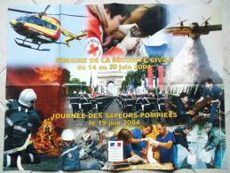 AFFICHE 2004 SAPEURS POMPIERS 60 CM X 80 CM CROIX ROUGE SECURITE CIVILE HELICOPTERE ARC TRIOMPHE HYDRAVION - Pompieri