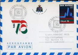 AEROGRAMMA SAN MARINO EXPO MONDIALE FILATELIA ITALIA '76 L 180 1976 ANN SPEC FDC - Entiers Postaux